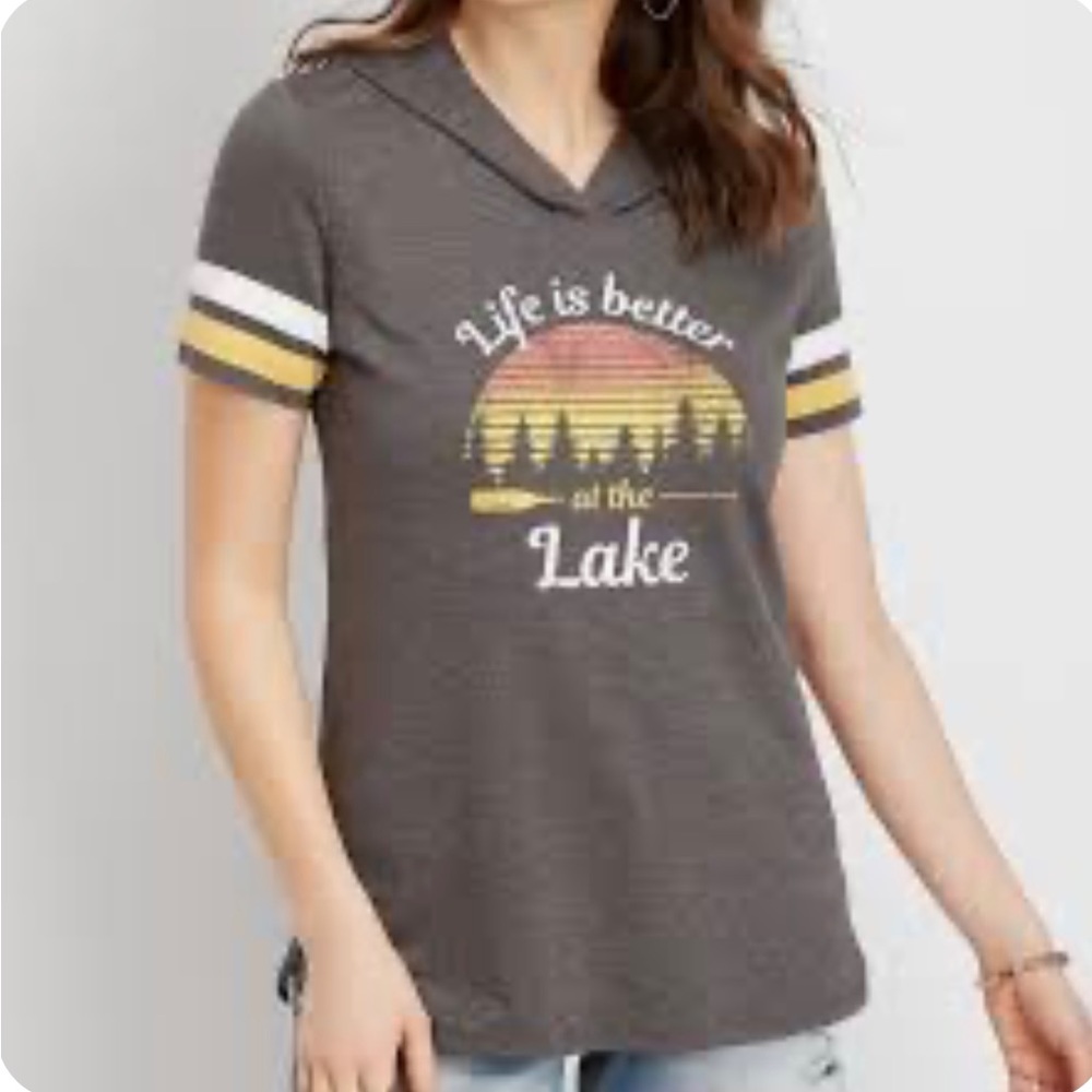 better at the lake graphic short sleeve pullover with hood Maurices brand label